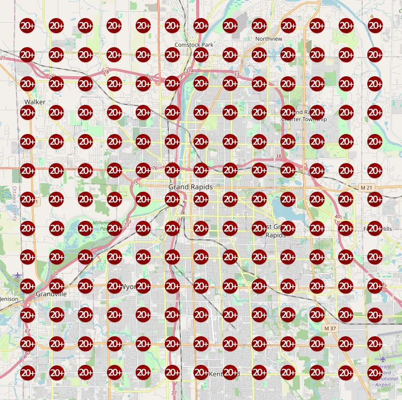 Map rank grid for a hood cleaning client, search term hood cleaning. In October 2025 every point ranked 20 or lower; by September 2026 nearly every point ranks first.